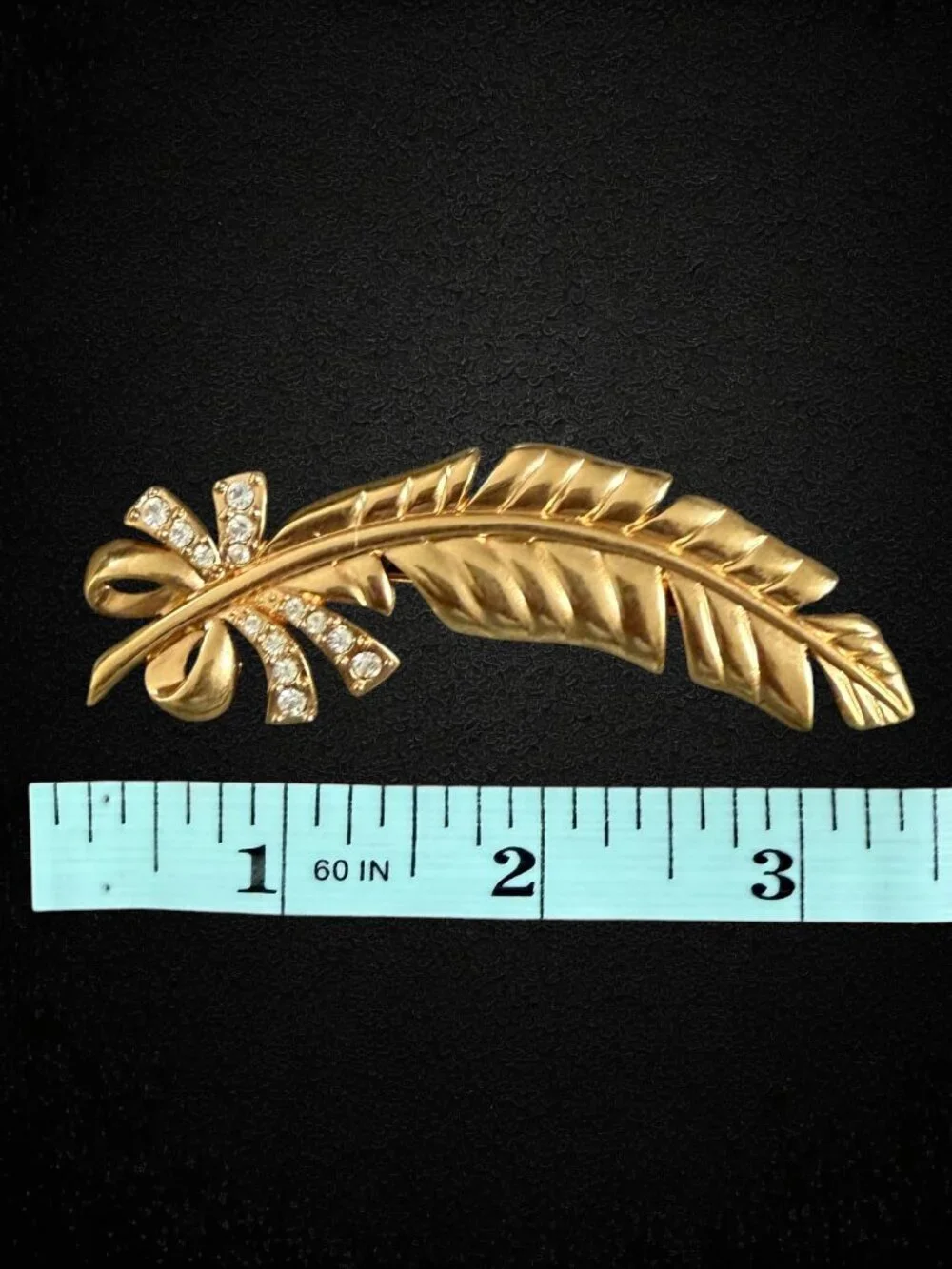 Vintage Monet Gold Leaf Brooch Rhinestone Bow Floral Pin Statement 80s Chic